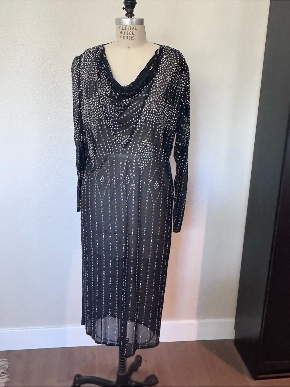 Vintage Black Long-Sleeve Beaded Cowl Neck Dress
